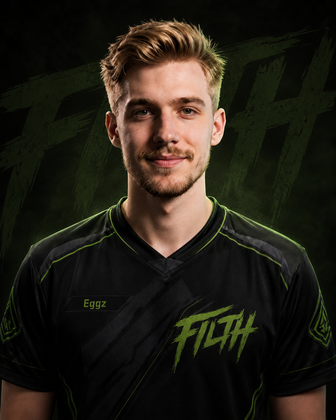Eggz wearing the black and green FILTH esports jersey.
